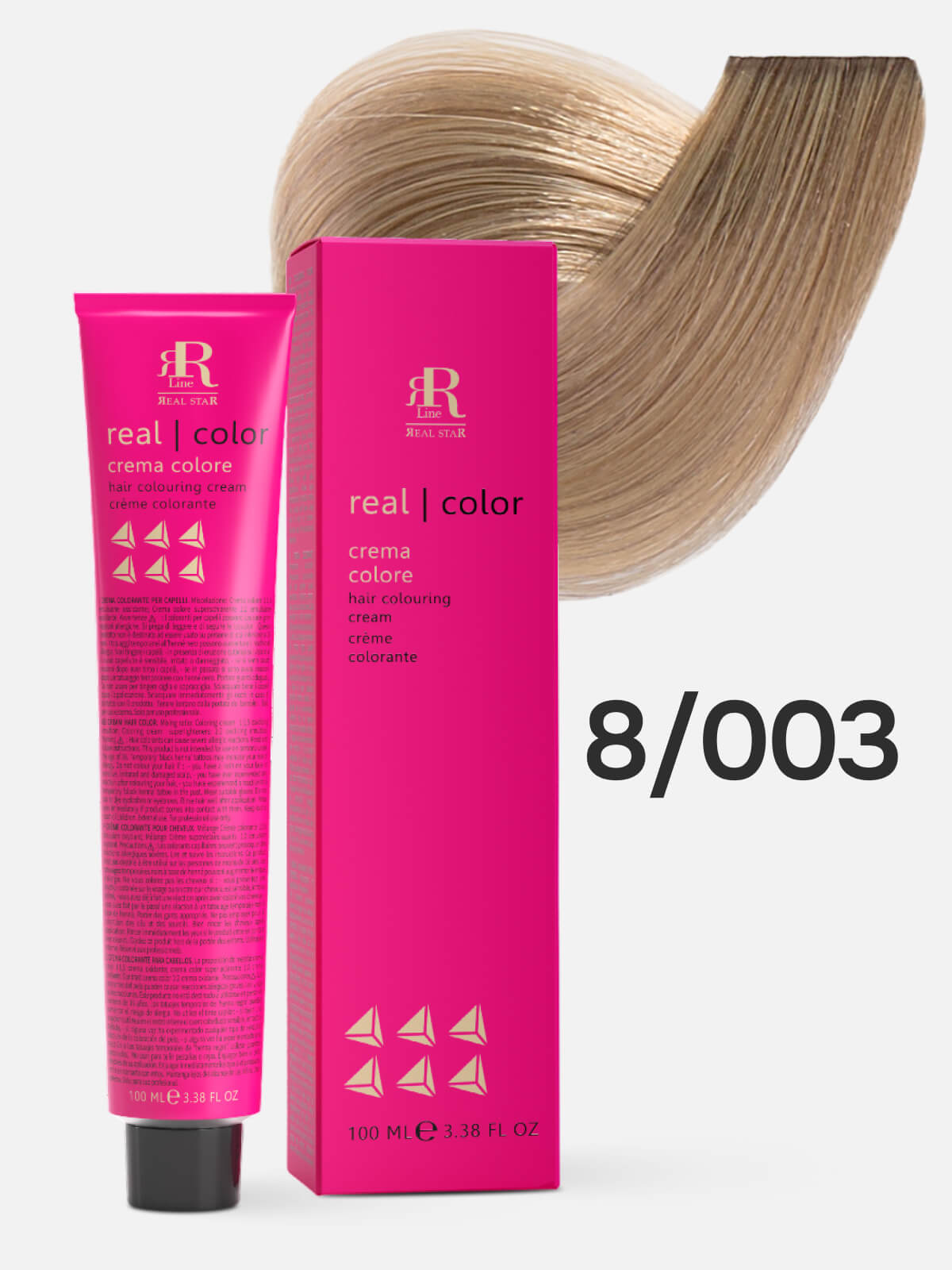 1016918.jpg RR LINE REAL STAR Крем-краска для окрашивания волос REAL COLOR PROFESSIONAL HAIR COLOURING CREAM 8.003 светлый русый естественный золотистый 100мл — изображение 1