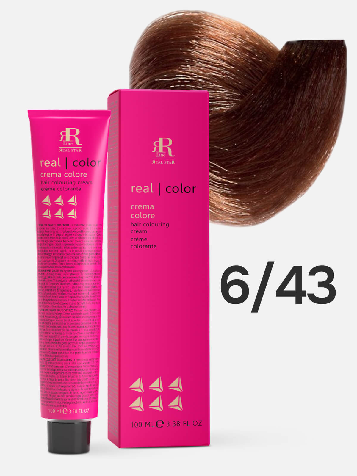 1076190.jpg RR LINE REAL STAR Крем-краска для окрашивания волос REAL COLOR PROFESSIONAL HAIR COLOURING CREAM 6.43 темный русый медно-золотистый 100мл — изображение 1