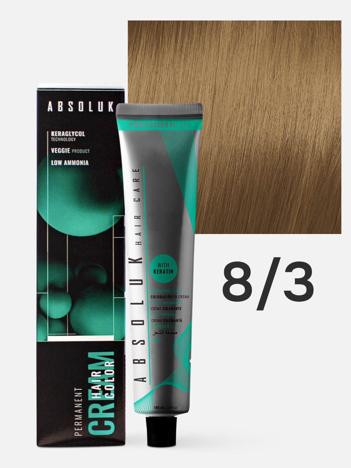 absoluk permanent hair color cream 8.3 Краска стойкая для волос светлый блондин золотистый 100 мл ABSOLUK Permanent Hair Color Cream 8.3 Краска стойкая для волос светлый блондин золотистый 100 мл — изображение 1