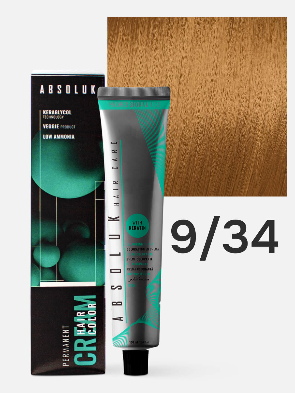absoluk Краска стойкая для волос permanent hair color cream 9.34 очень светлый блондин золотисто медный 100мл ABSOLUK Краска стойкая для волос PERMANENT HAIR COLOR CREAM 9.34 очень светлый блондин золотисто-медный 100мл — изображение 1